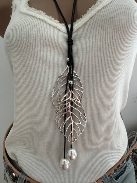 lange Halskette Kette "BLÄTTER" Anhänger silber/schwarz Schmuck Kette