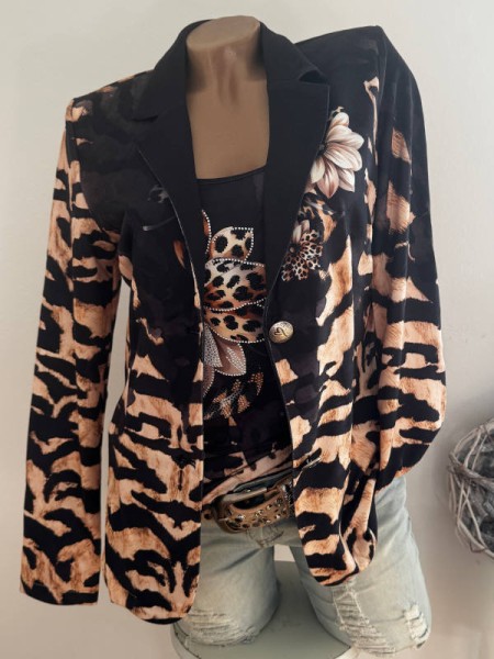 Blazer MISSY M 38 Kurzblazer Animalprint braun schwarz Leoblumen Glitzer Neue Kollektion