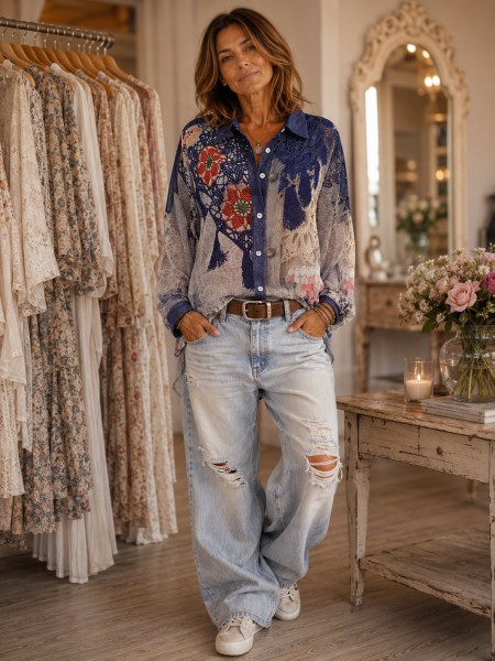MISSY S 36 Bluse Hemdbluse Crochet Spitze Destroyed Jeans Print Neu Glitzer Steinchen