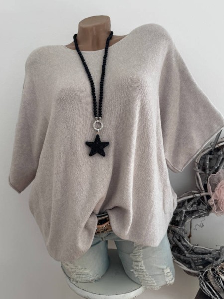 Kurzarm Oversized Pullover beige Feinstrick Tunika 38-44 Pulli Made in Italy NEU