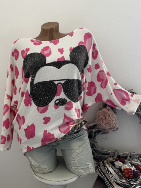 Feinstrick Longsleeve Flausch NEU Mouse mit Brille weiss/pink Tunika 38 40 42 Made in Italy
