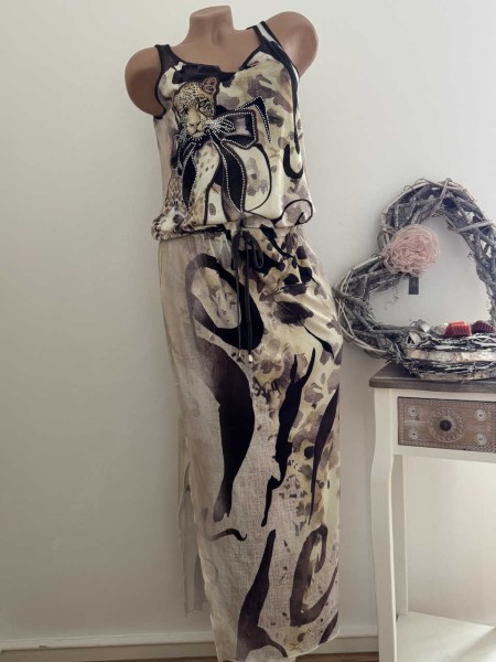 MISSY Maxikleid M 38 Kleid Tunnelzug Leo Animal braun Tiger Print tiefe Taille Neu Glitzersteinchen