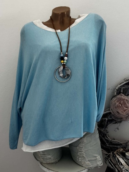 3tlg Tunika mit Top und Kette blau/weiss Langarmshirt Made in Italy NEU 38-42