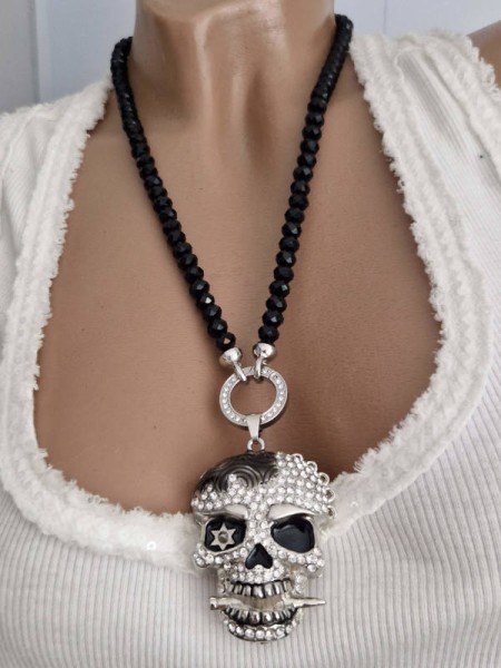 VARIO Halskette kurz schwarz Kristallperlen Kette mit "Skull mit Dolch " Anhänger Neu