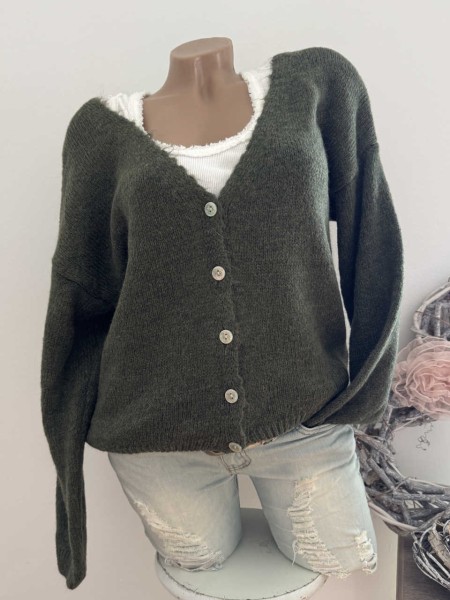 Strickjacke 36-42 Cardigan grün Knopfleiste Ärmel überschnitten Made in Italy