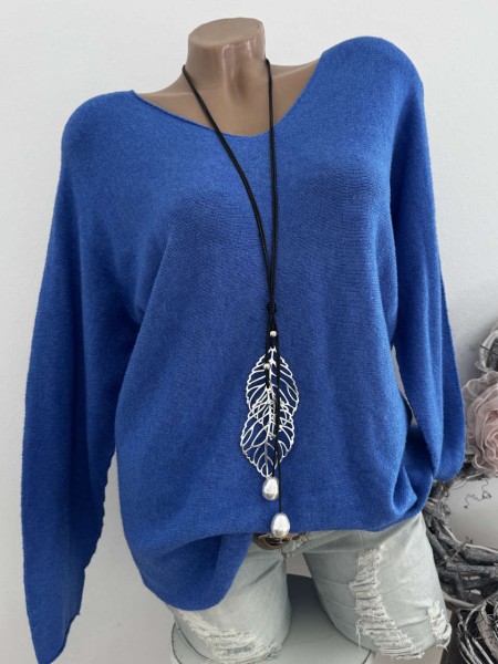 V-Neck Flausch Pullover Pulli blau 40-44 Neu Tunika Made in Italy
