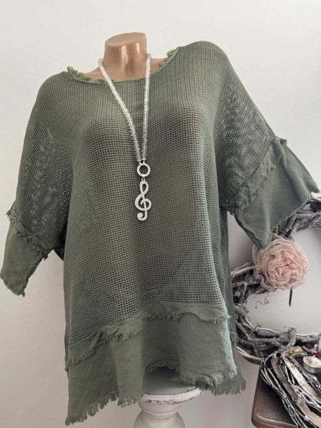 Tunika Shirt Säume gewollt franselig oliv grün Made in Italy 40-44 NEU