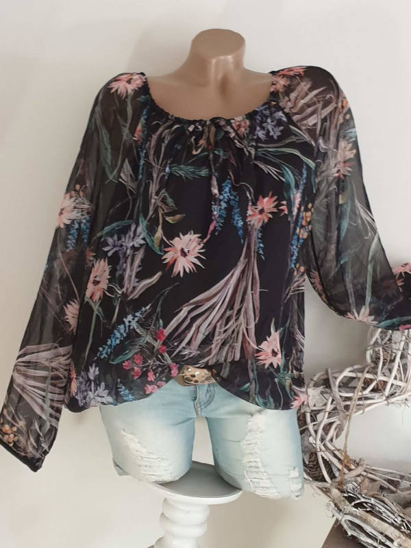 Chiffon Ballonform 36 38 40 Tunika Bluse Schwarz Floral Chiffonbluse Italienische Und Franzoesische Damenmode Modebina Online Shop