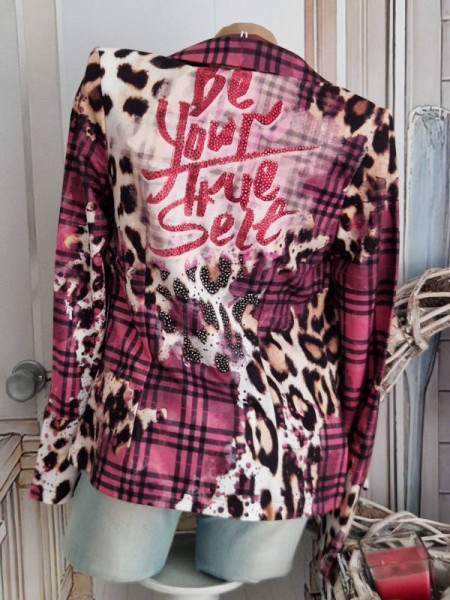Blazer MISSY S 36 Kurzblazer pink bordeaux Karo Animal "Be Your True Self" Spruch Nieten Neu