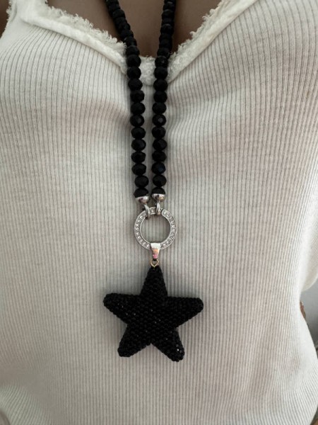 VARIO Halskette lang schwarze Kristallperlen Kette mit Strass Glitzer 3D "STERN " Anhänger Neu