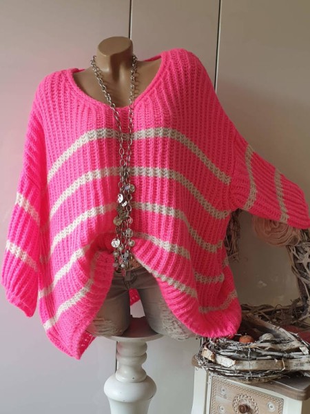 oversized Pullover neon pink weiss 38-44 Made in Italy Strick Pulli V-Neck