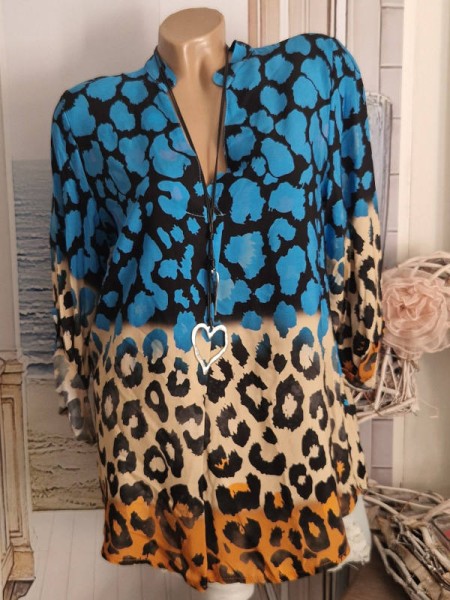 36-40 V-Neck Tunika Bluse Made in Italy blau schwarz bunt Leo Turn up Ärmel NEU