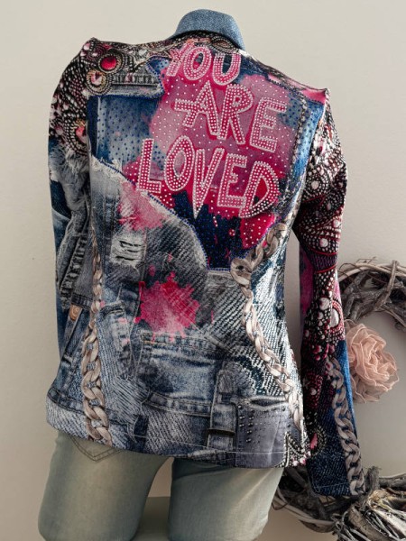 Blazer L 40 MISSY Jackett Jeansoptik rosa pink Ketten Graffiti Print Neue Kollektion