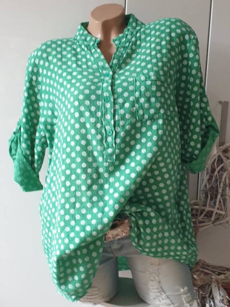 grün weisse Dots Fischerhemd Leinen Optik gepunktet Hemdbluse Bluse 40 42 44 Tunika