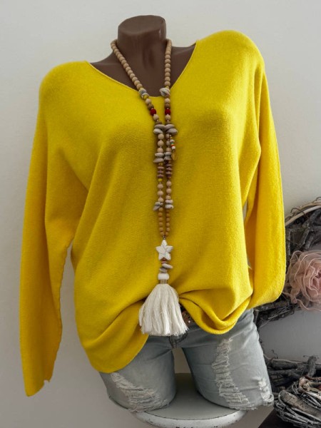 V-Neck Flausch Pullover Pulli gelb 38-42 Neu Tunika Made in Italy
