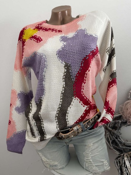 Neue Kollektion Pullover S/M 36 38 MISSY Pulli Feinstrick weiss lila pink gelb "Strickprint" Glitzer