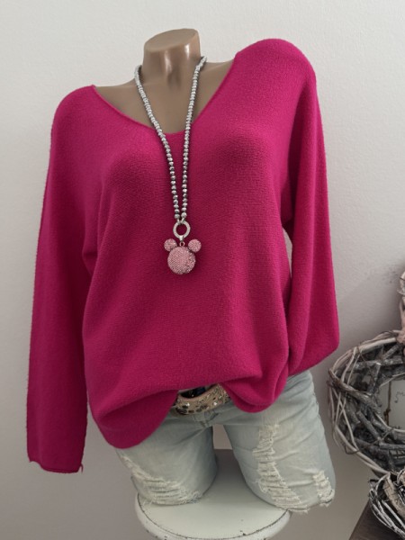 V-Neck Flausch Pullover Pulli pink magenta 38-42 Neu Tunika Made in Italy