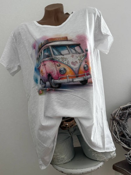 T-Shirt Shirt 36 38 40 42 Bulli Bus auf Reisen Italy Nieten NEU weiss