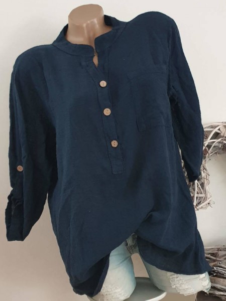 lässige Tunika Bluse Hemdbluse Made in Italy 38- 44 dunkelblau Musselin Leinenoptik