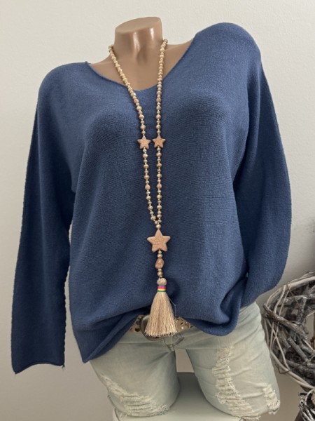 V-Neck Flausch Pullover Pulli mittelblau 40-44 Neu Tunika Made in Italy