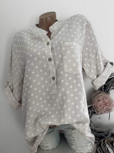 Tunika Bluse NEU Fischerhemd hellbeige weiss Dots 38-42 Made in Italy