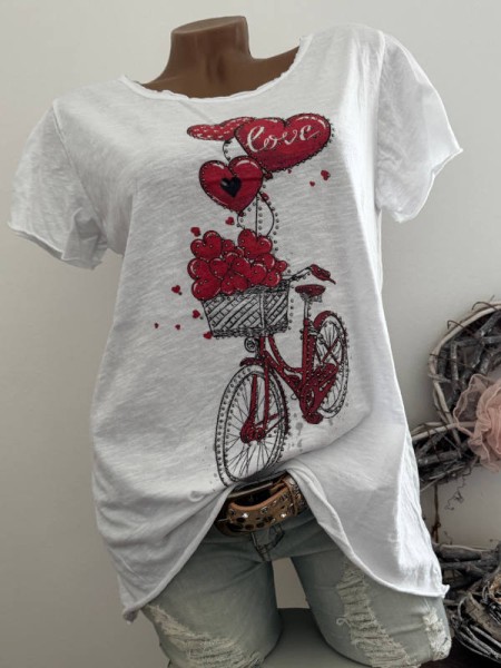 T-Shirt Shirt 36 38 40 42 Fahrrad rote Herzluftballons Italy Glitzernieten NEU weiss
