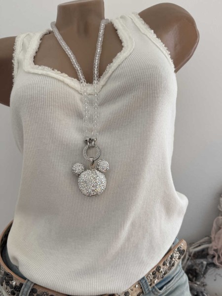 VARIO Halskette lang transparente Kristallperlen Kette mit Strass Glitzer 3D "MOUSE KOPF " Anhänger