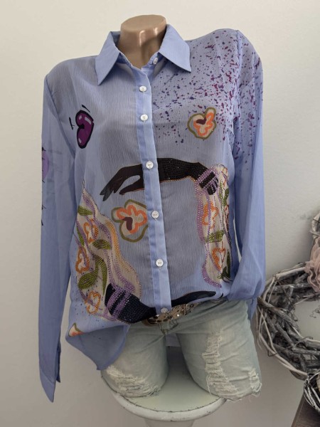 MISSY XL 42 Bluse Hemdbluse helllila yeah! Print Neu Glitzer Steinchen