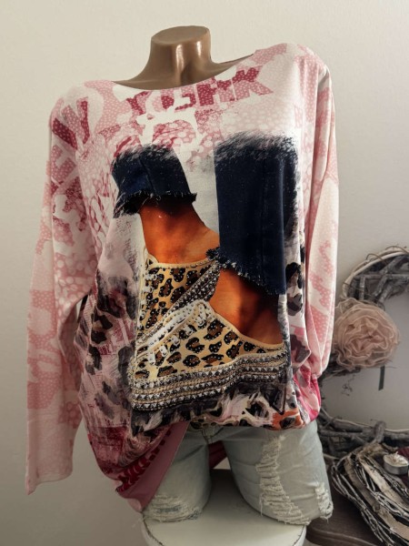 Longsleeve Tunika Glitzer Steinchen 40-44 Fashion Strass Sneakerprint rosa bunt Made in Italy