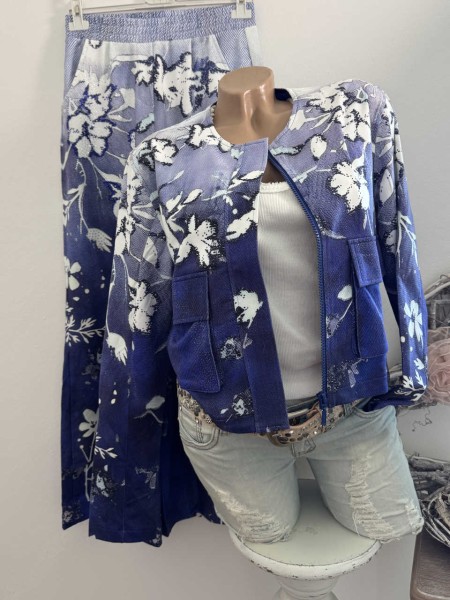MISSY 2tlg L 40 stretchige Hose + kragenlose Zipper Jacke Neu weiss blau Farbverlauf