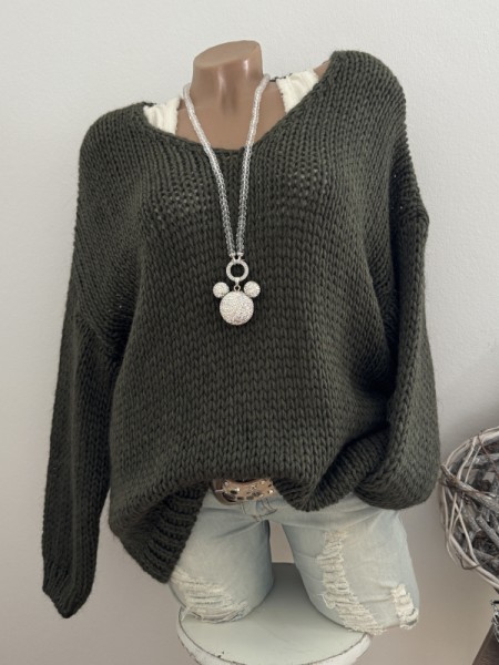 38-44 Pulli Grobstrickpulli Made in Italy olivgrün Pullover Knit