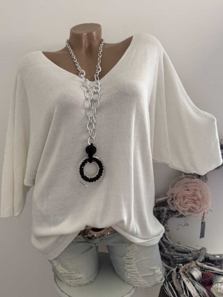 Tunika Glattstrick wollweiss Pullover Oversized Italy 38-42 Fledermausarm 1/2 Arm