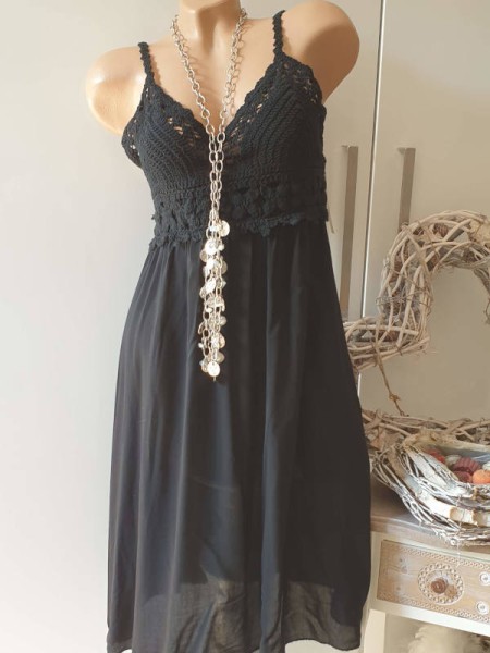 Trägerkleid schwarz Tunika Sommerkleid Häkelkleid Made in Italy Kleid Häkeleinsatz 36-40