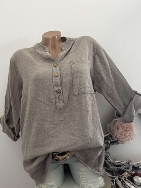 Tunika Bluse braun Hemdbluse Made in Italy 38-42 Musselin Leinenoptik