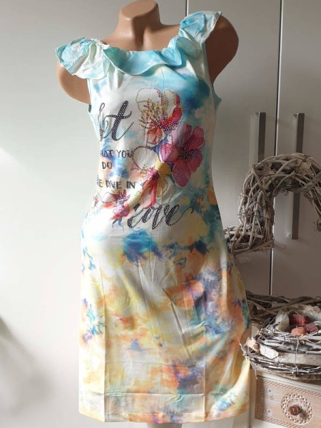 Kleid MISSY S/M 36 38 Tunika türkis bunt floral ärmellos Volant Ausschnitt etwas tailliert