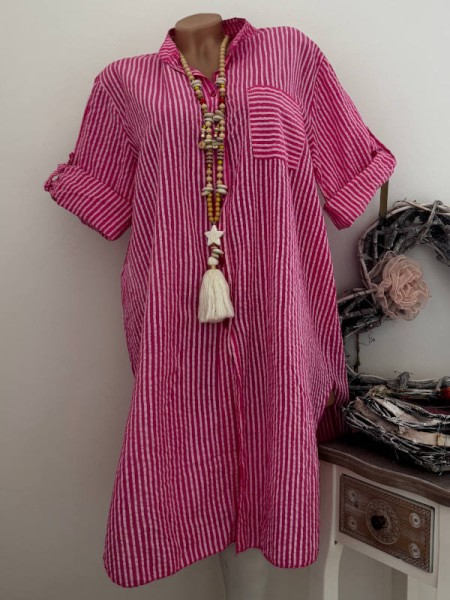 Long Hemdbluse Bluse Hemdblusenkleid Made in Italy pink weiss 40-44 Baumwolle
