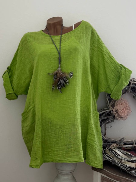 Tunika Bluse Tasche Musselin Baumwolle 42-46 limone Neu Made in Italy