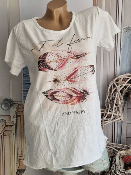 T-Shirt Made in ITALY 36-40/42 Federn Romantik Print Tunika Baumwolle Nieten
