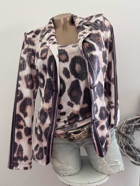 Neu L 40 Blazer Galonstreifen MISSY Jackett Leoprint cremweiss beige braun Mix altrosa Glitzer Niete