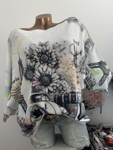 Tunika 36-42 Fledermausarm Feinstrick Reisemotiv Pullover NEU Made in Italy 1/2 Arm