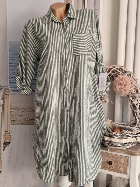 Long Hemdbluse Bluse Hemdblusenkleid Made in Italy oliv/weiss 40-44 Baumwolle