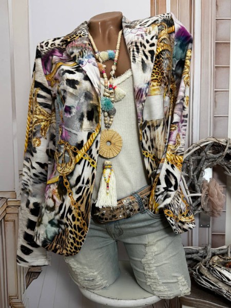 Blazer MISSY S 36 Kurzblazer lila bunt Animal Kettchen goldton Print Glitzer Nieten Neu