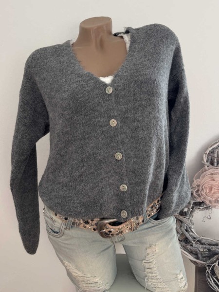 Strickjacke 36-42 Cardigan grau Knopfleiste Ärmel überschnitten Made in Italy