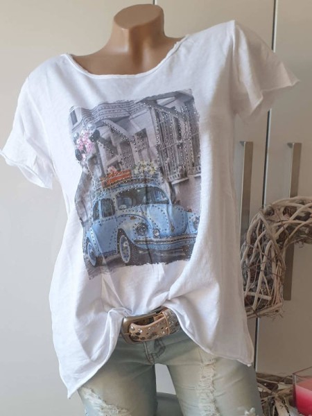 T-Shirt Shirt Käfer Auto Print 36 38 40 Tunika Italienische Mode Neu Glitzer Nieten unfinished