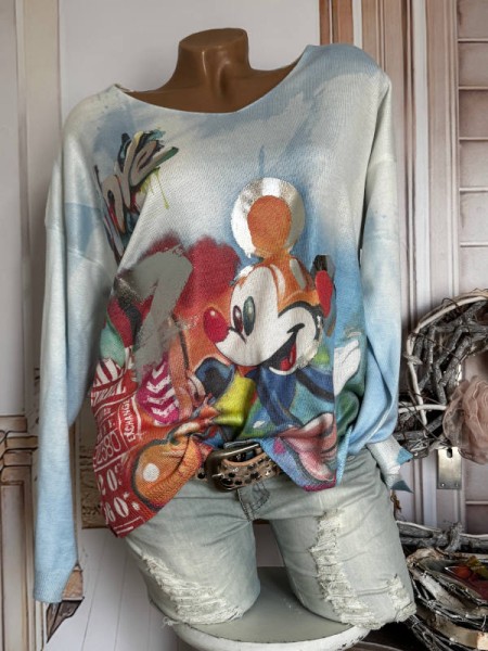 Feinstrick Pullover Mouse Comic Print V-Neck Pulli Tunika Made in Italy 38-42 bunt Print