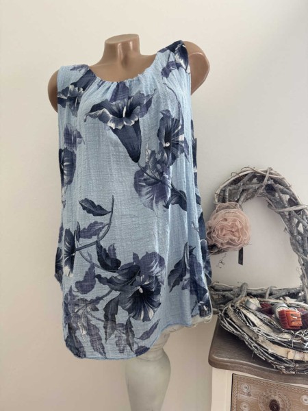 Ärmelloses Tunika Top 2-lagig 38-44 hellblau floral Made in Italy Musselin Baumwolle Neu