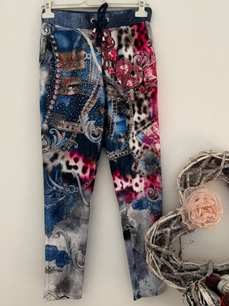 Hose Joggpants MISSY S 36 Jeans pink Leo Kettchen Print Glitzernieten Neu