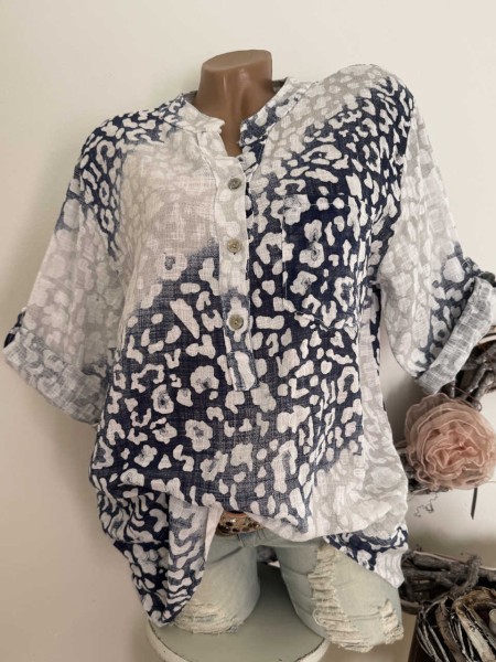 Long Hemdbluse Bluse Fischerhemd Musselin Leinen Optik 40-44 Tunika grau dunkelblau