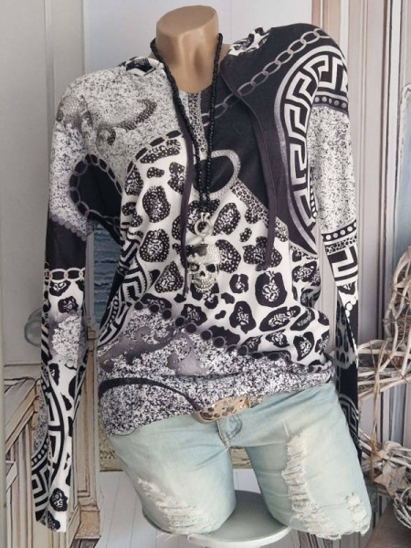 Feinstrick M/L 38 40 Kapuzenpulli MISSY Hoodie Neu weiss/schwarz Print Glitzernieten Pulli Pullover