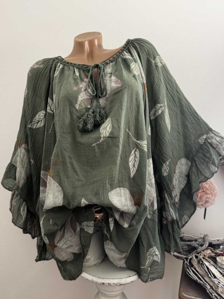 weite Ärmel oliv floral Tunika Bluse 38-48 Baumwolle Made in Italy
